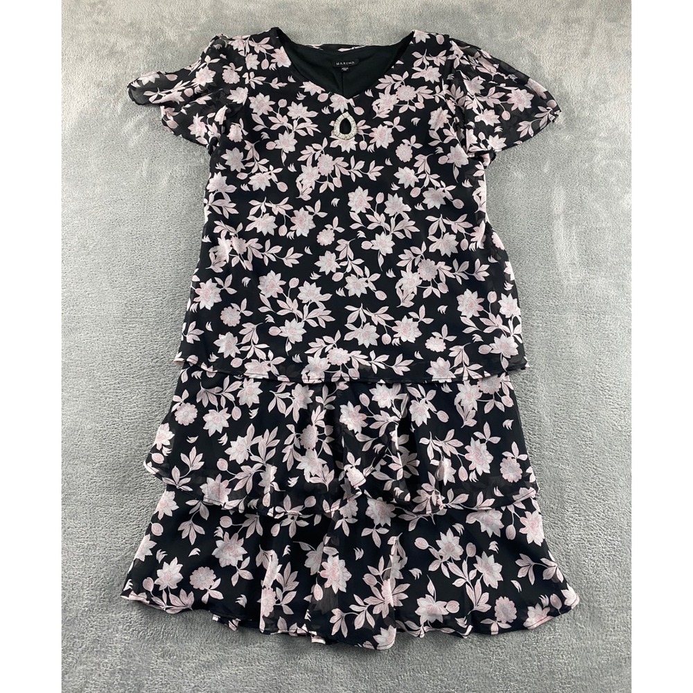 Marina Women 4WBlack Pink Floral Chiffon Tiered Ruffle Rhinestone Cocktail Dress